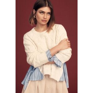 Anthropologie | Ivory Cable Knit Twofer Sweater with Blue Striped Side Tie ~ XXS